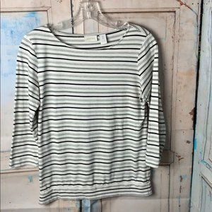 Chico's Womans 0 Cream with Black Stripe Scoop Neck 3/4 Sleeve Shirt Cotton Blen